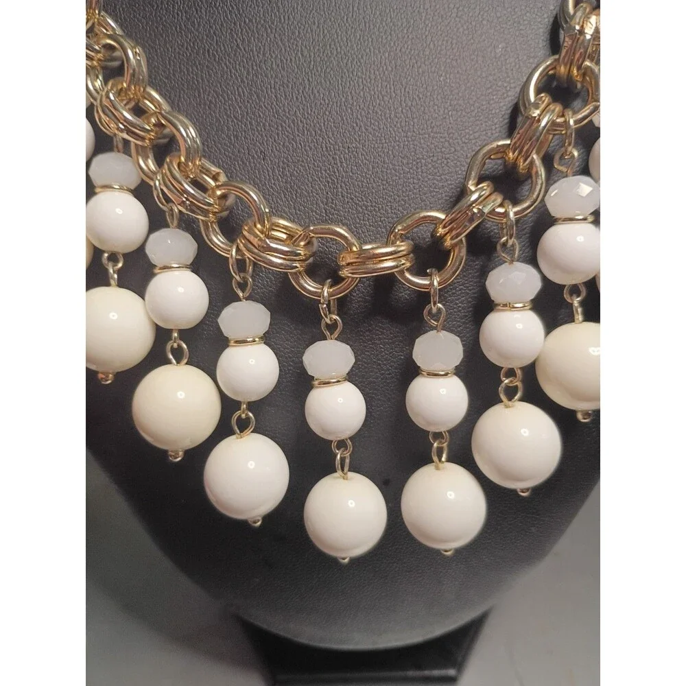 Ann Taylor Gold Tone Chain & White Bead Statement Necklace